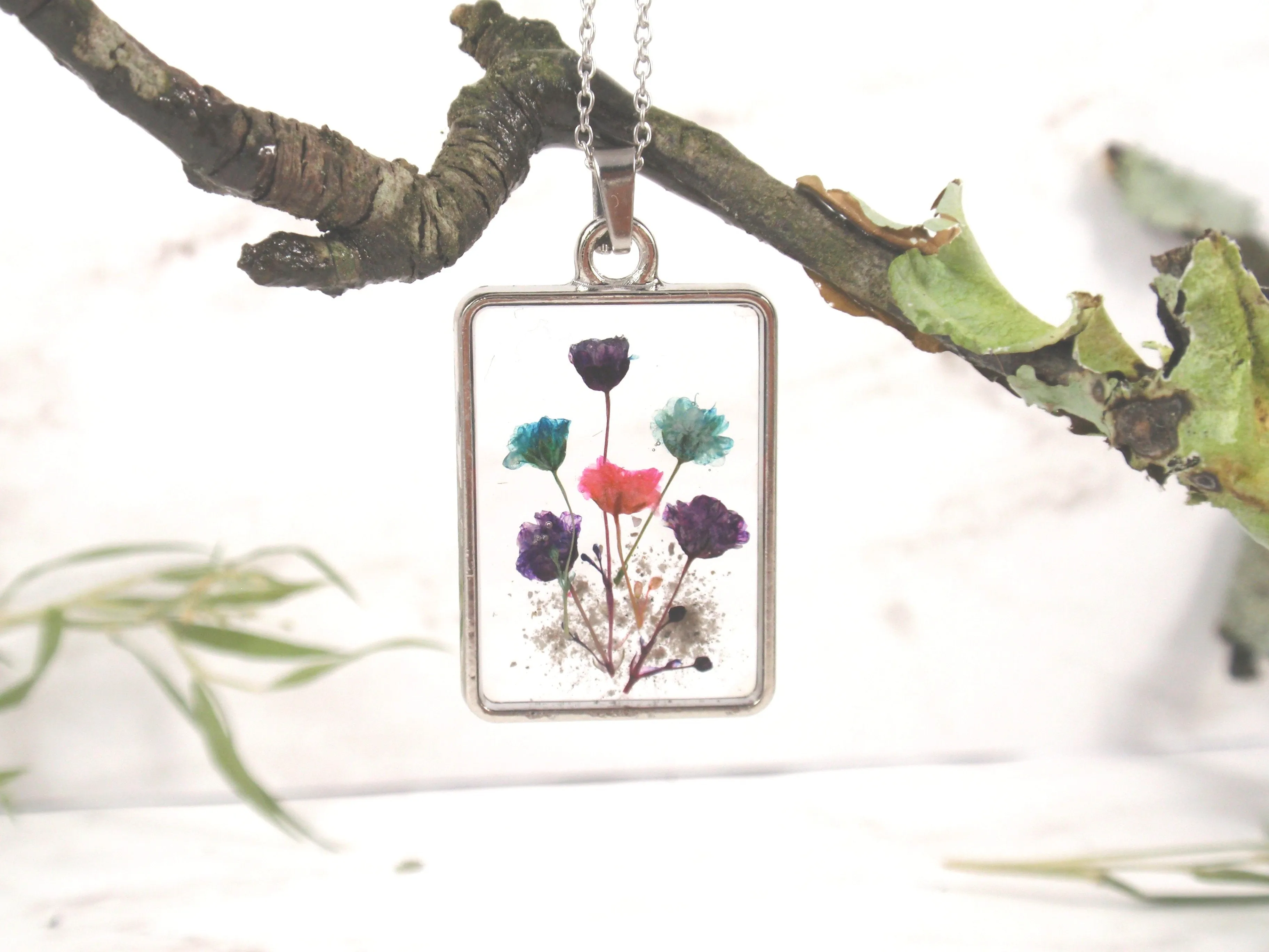 Wildflower Rectangle Memorial Pendant with Infused Cremains