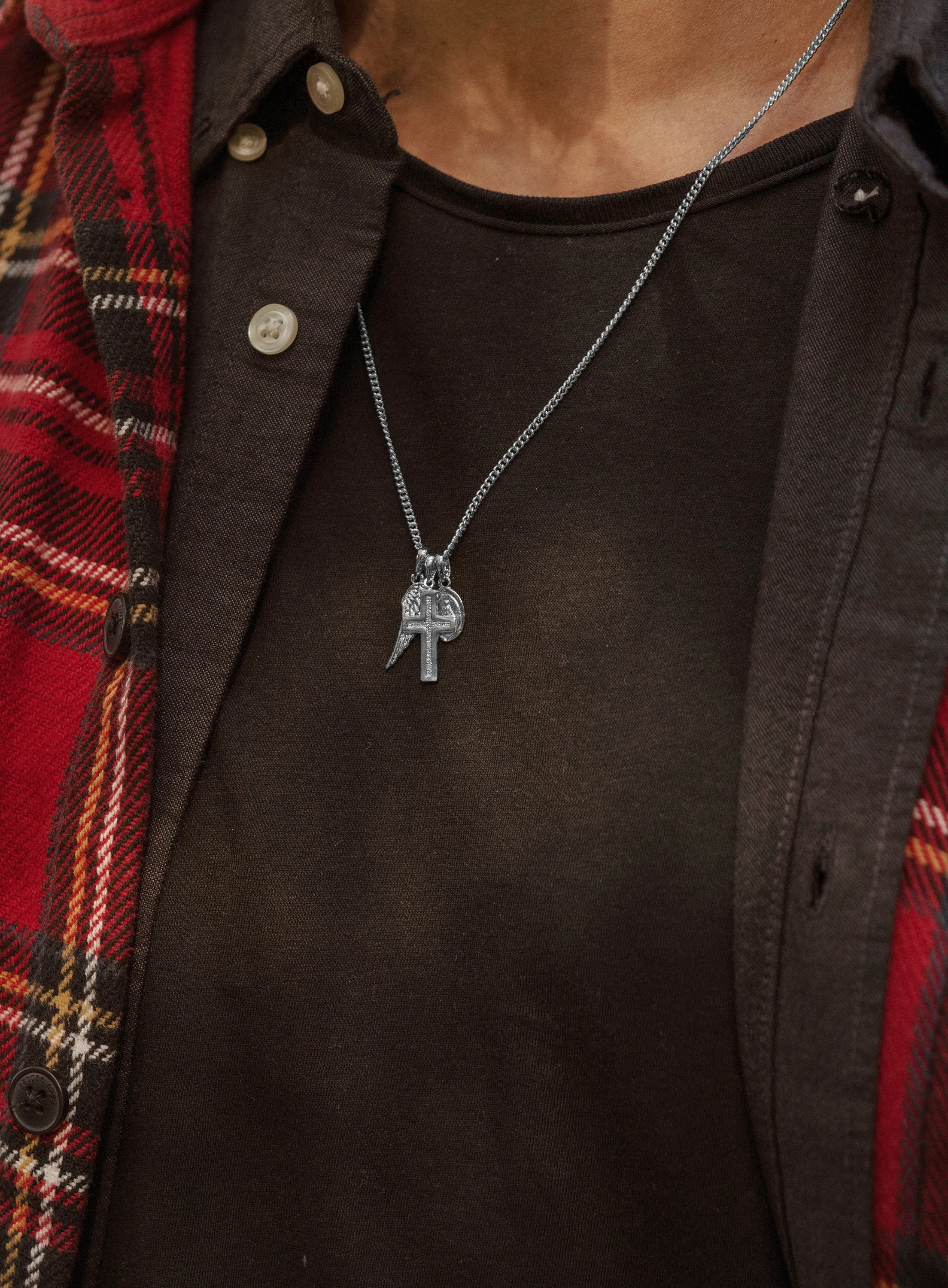 Wing, silver cross, miraculous medal necklace