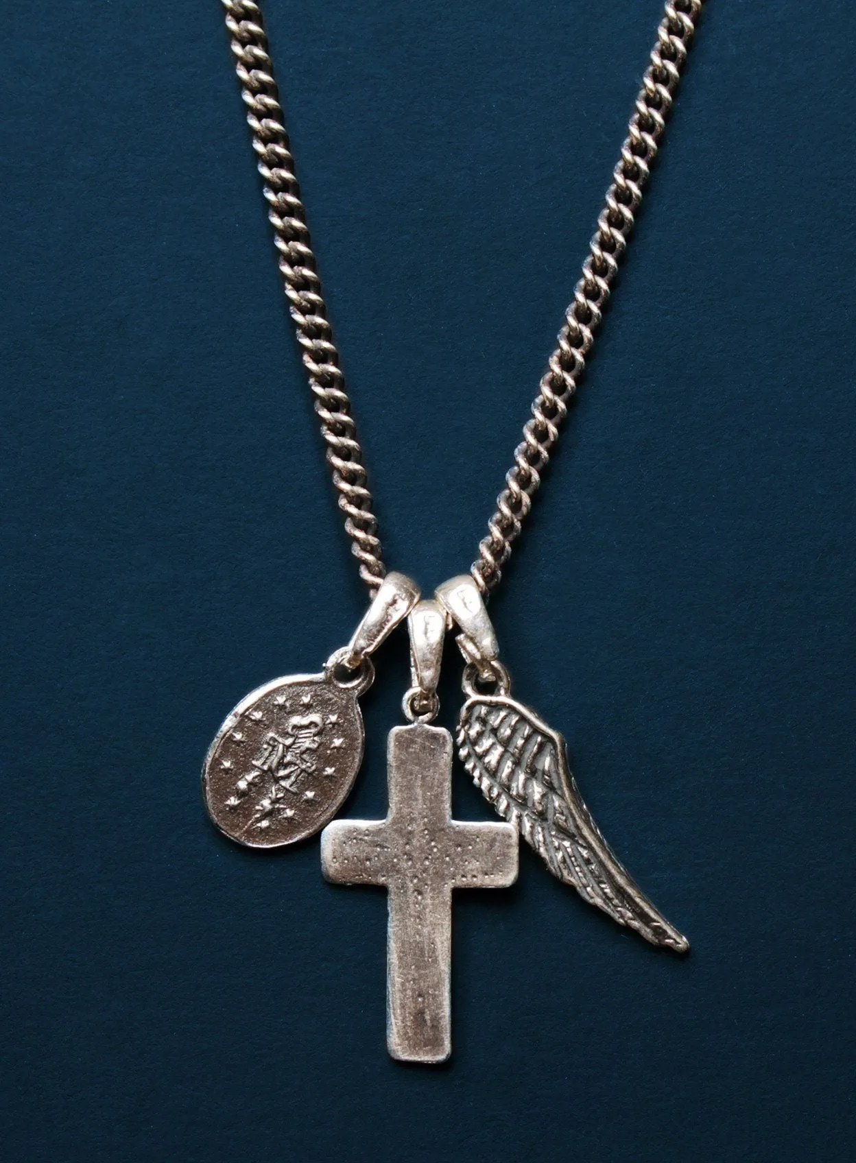 Wing, silver cross, miraculous medal necklace