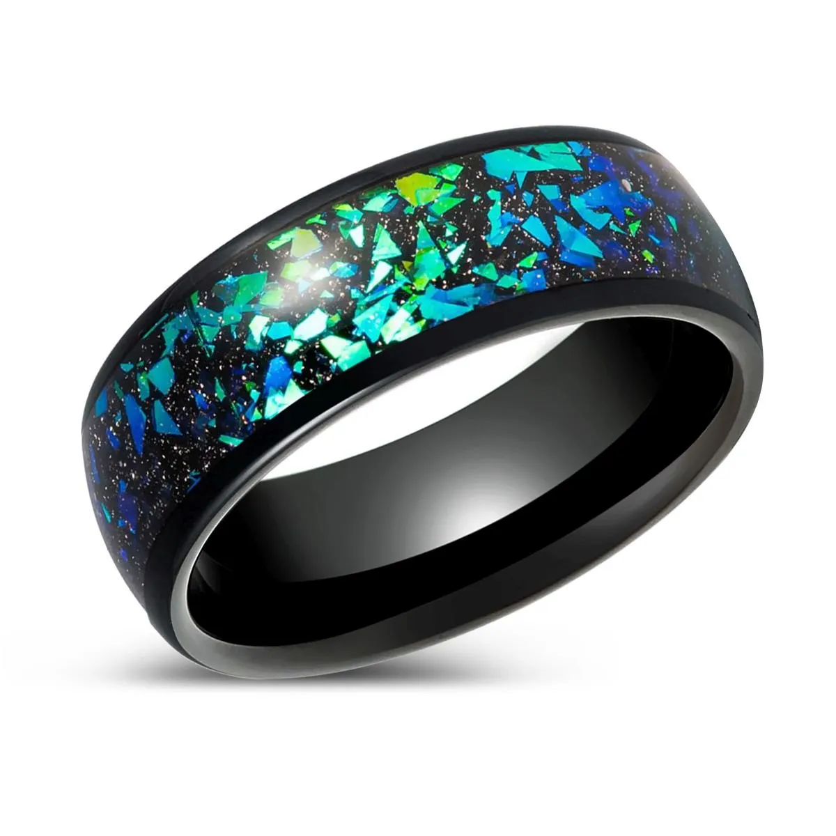 ZURLOU | Black Tungsten Ring Green Opal and Abalone Fragments