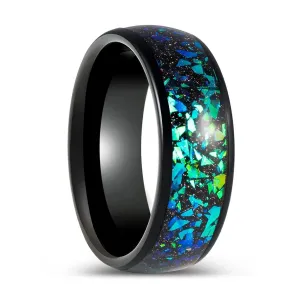 ZURLOU | Black Tungsten Ring Green Opal and Abalone Fragments